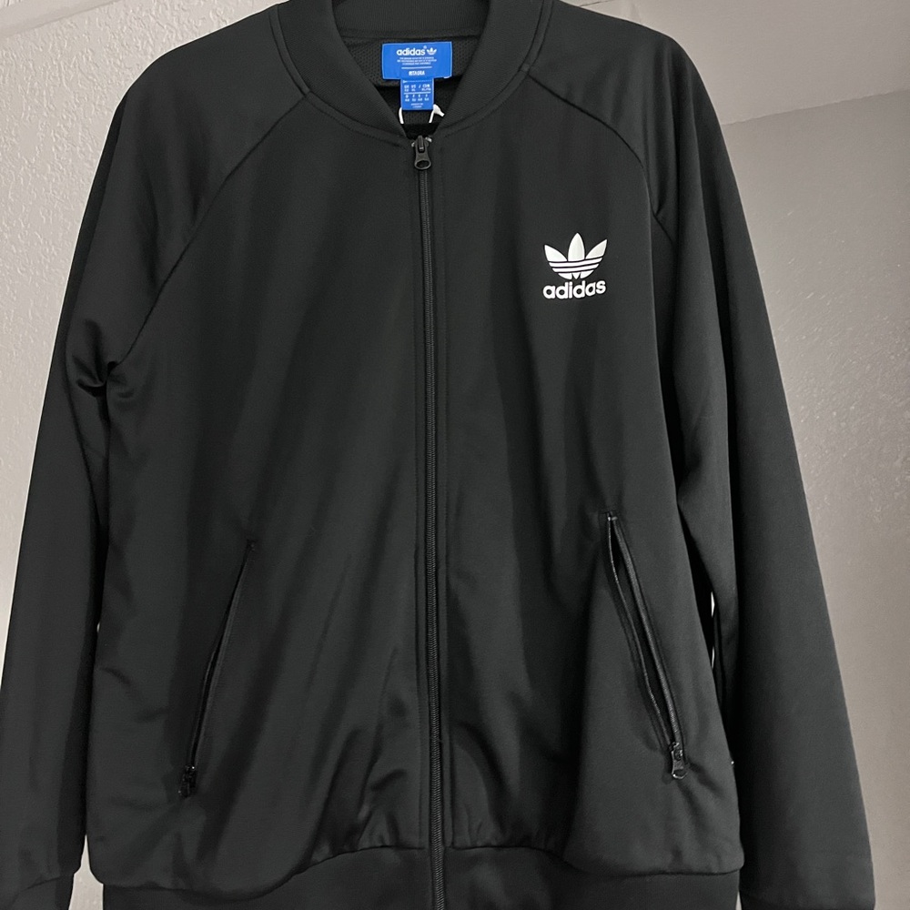 Adidas Black Bomber Jacket with Trefoil Logo Cute Dog on Back